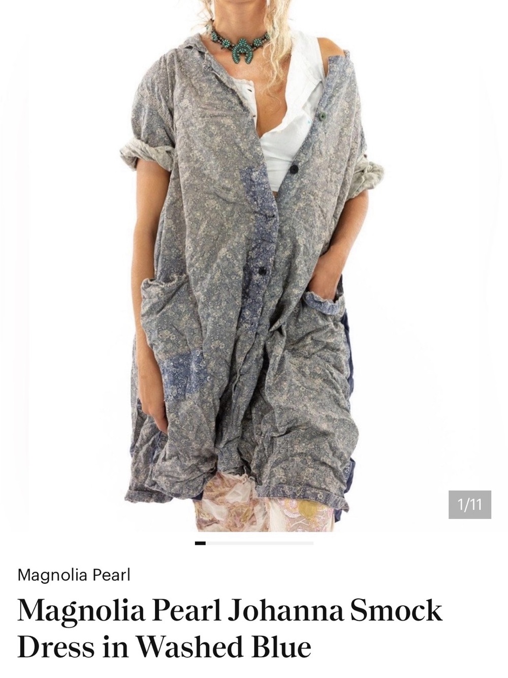 Magnolia Pearl Johanna Smock Dress Blue Floral Button-Front Tunic